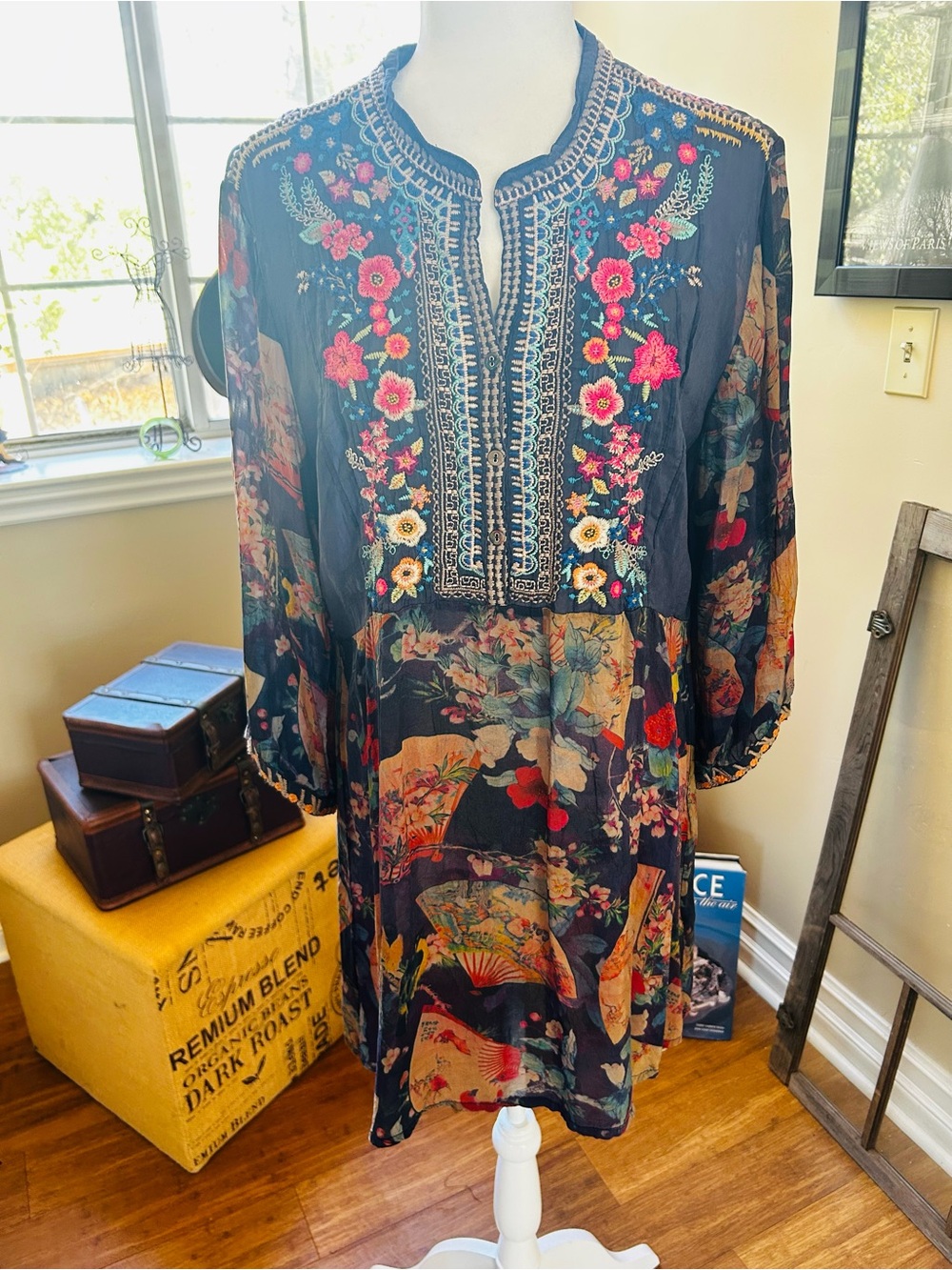 Johnny Was Black Floral Embroidered Mini Dress